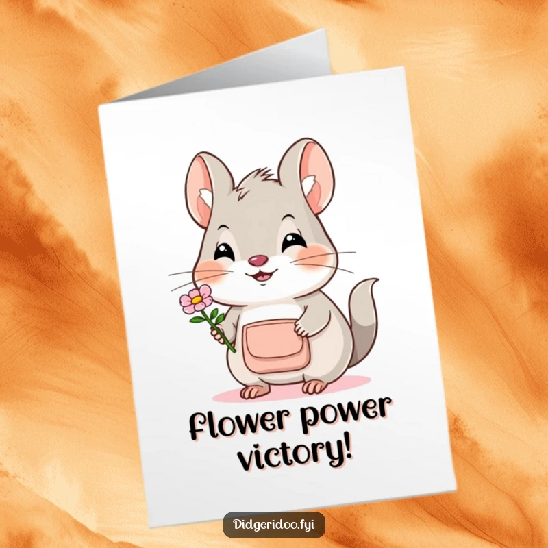 Funny Free Printable Bilby Congratulations Card: Smiling bilby offers a flower, celebrating success. Adorable downloadable card.