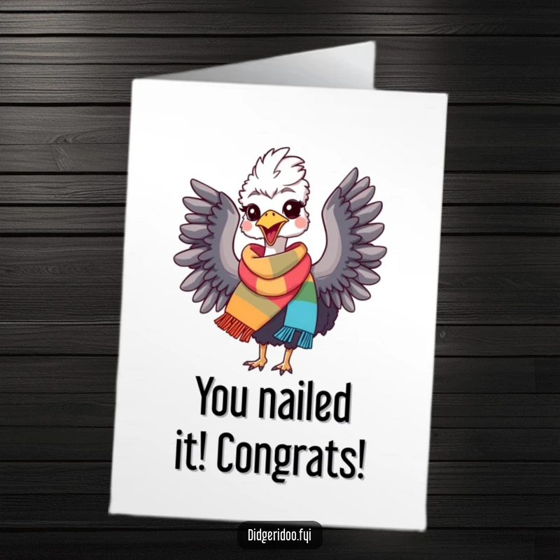 Funny Free Printable Congratulations Card: Emu wearing a colourful scarf, flapping wings in pure delight and excitement.