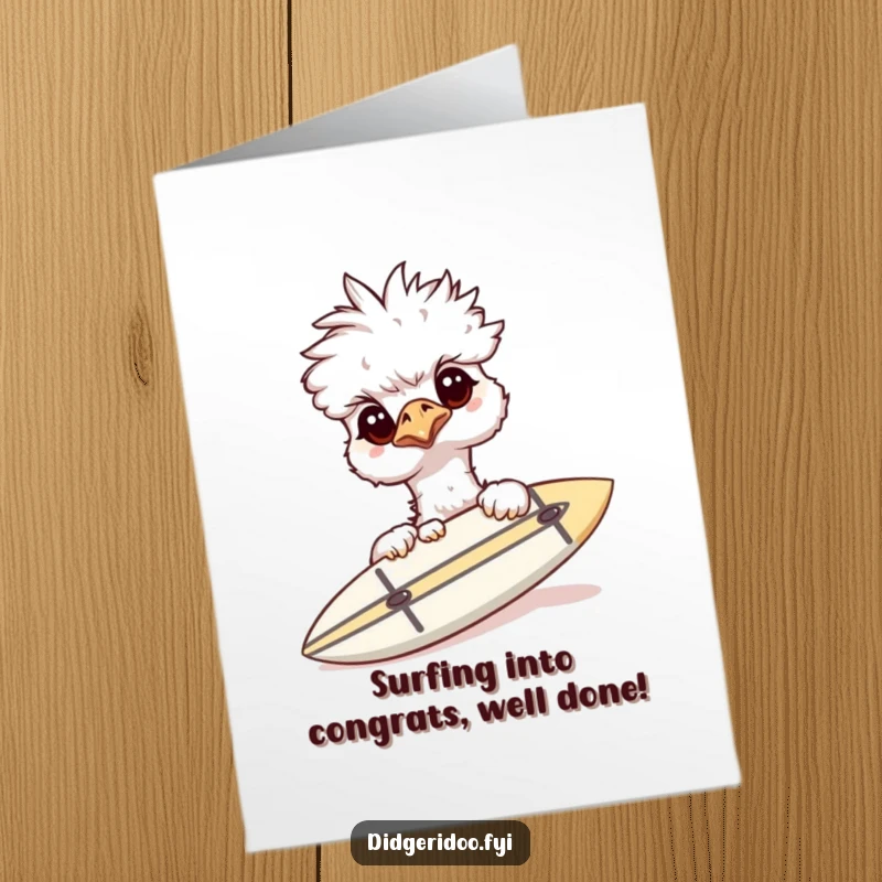 Funny Free Printable Congrats Card: Curious emu peeking over a miniature surfboard, capturing a moment of wonder.