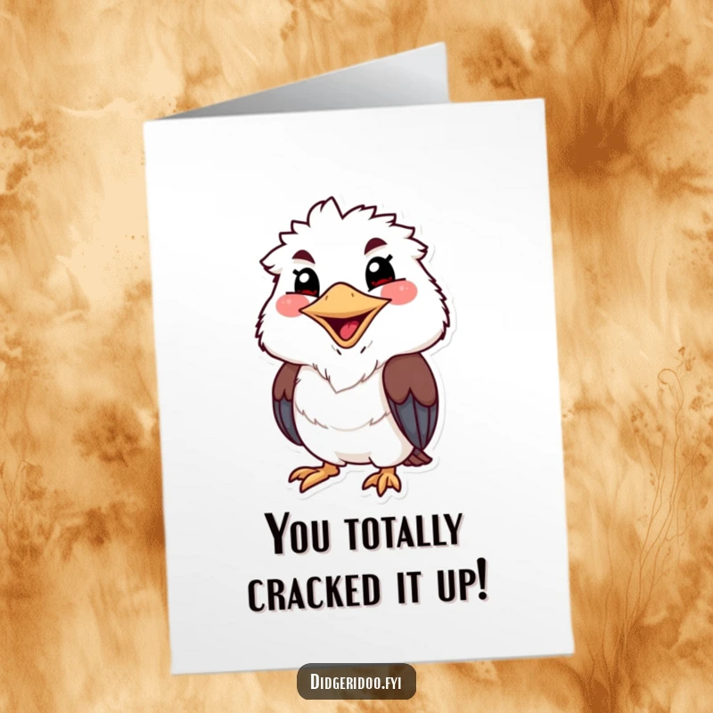 Funny Free Printable Congratulations Card: a kookaburra with a wide beak, bursting into cheerful laughter over your success.