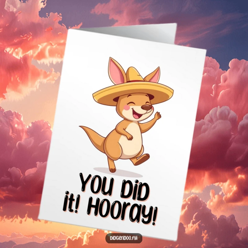 Hilarious free printable congratulations card showing a joyful kangaroo wearing a sombrero and bouncing with excitement for your success.