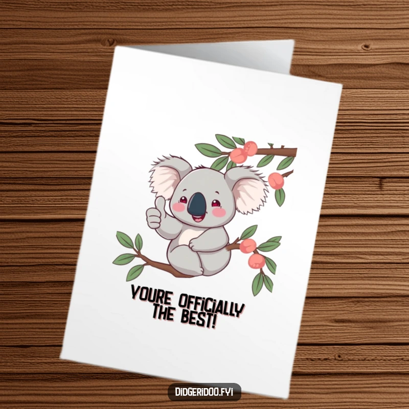 Funny Free Printable Congratulations Card with a jovial koala giving a thumbs up from a eucalyptus branch, cheering on success.
