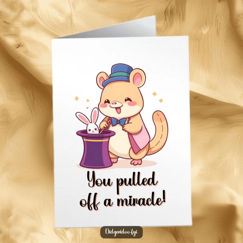 Funny Free Printable Congratulations Card: A giddy platypus magician brilliantly pulling a rabbit from a hat, celebrating success.