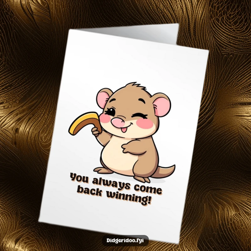 Funny Free Printable Congratulations Card showing a happy platypus winking and holding a small boomerang, celebrating achievements with quirky charm.