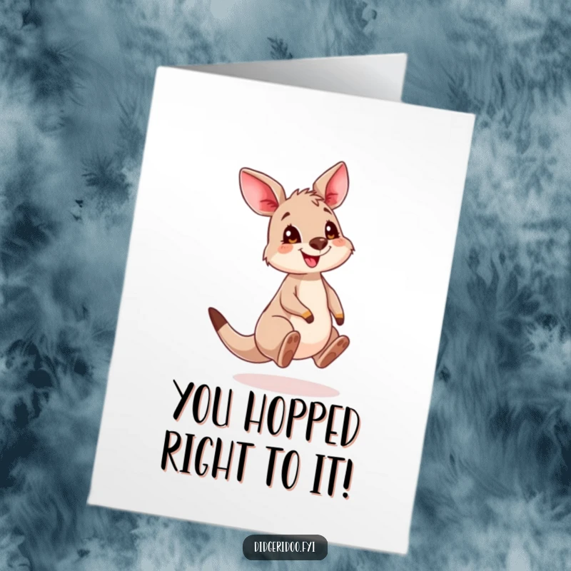 Funny Free Printable Congratulations Card of a cute kangaroo cub with a playful grin bouncing enthusiastically.