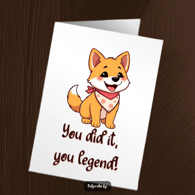 Funny Free Printable Congratulations Card featuring a delighted dingo with a bandana, wagging its tail in celebration.