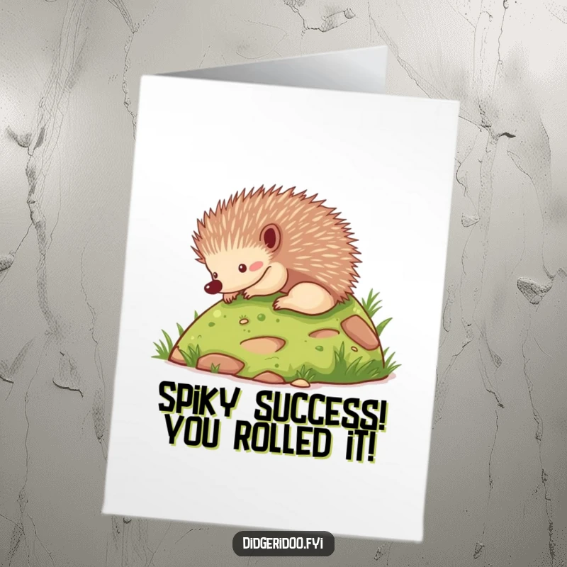 Funny Free Printable Congrats Card: A cute echidna character joyfully rolling down a hill in a playful, celebratory manner.