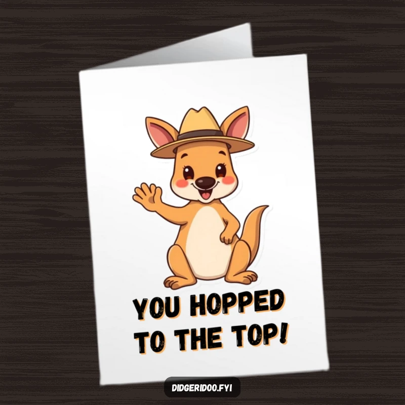 Funny Free Printable Congratulations Card: A happy kangaroo wears a small Akubra hat and waves, celebrating your win.