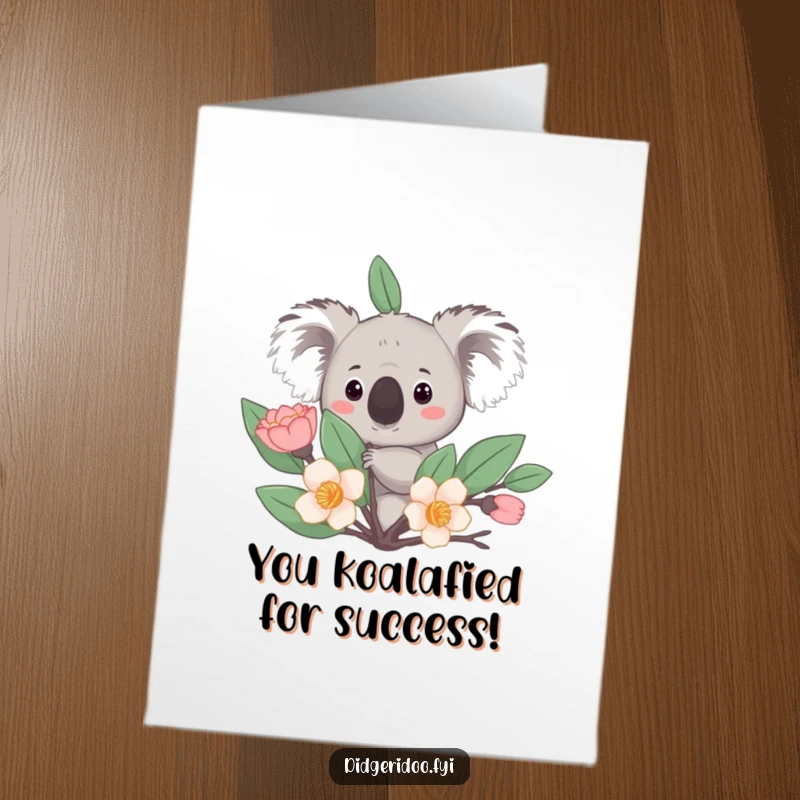 Funny Free Printable Congratulations Card: A curious koala peeks from behind a eucalyptus bloom, celebrating your success.
