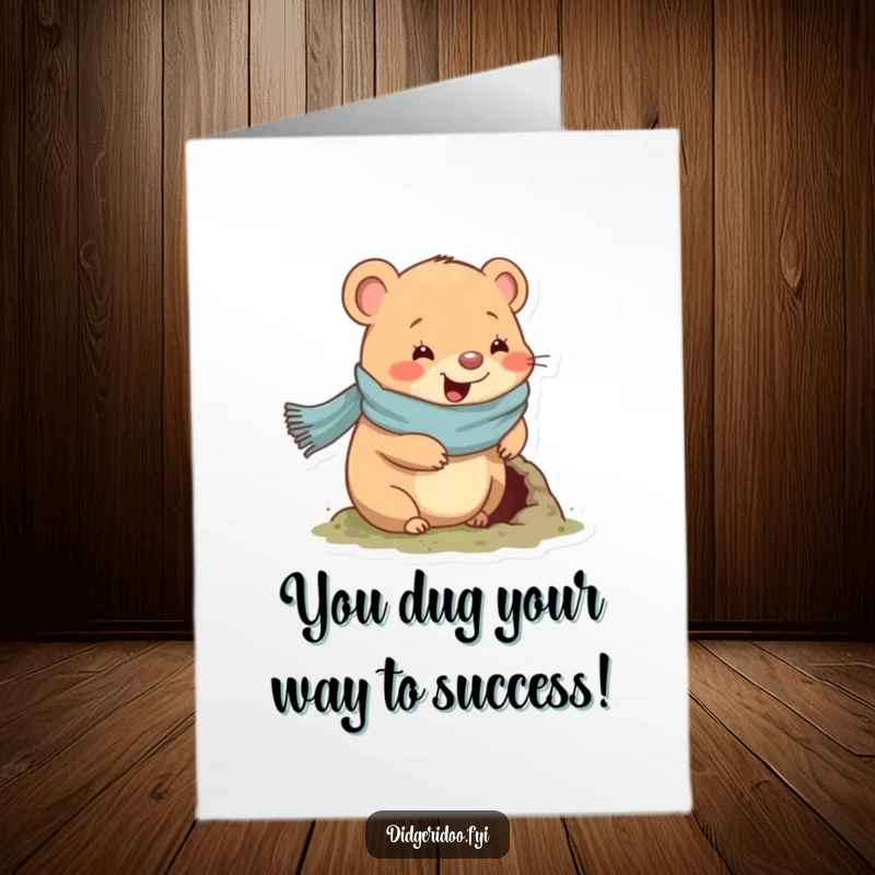Funny Free Printable Wombat Congratulations Card: Cozy wombat in scarf digs happily to celebrate.
