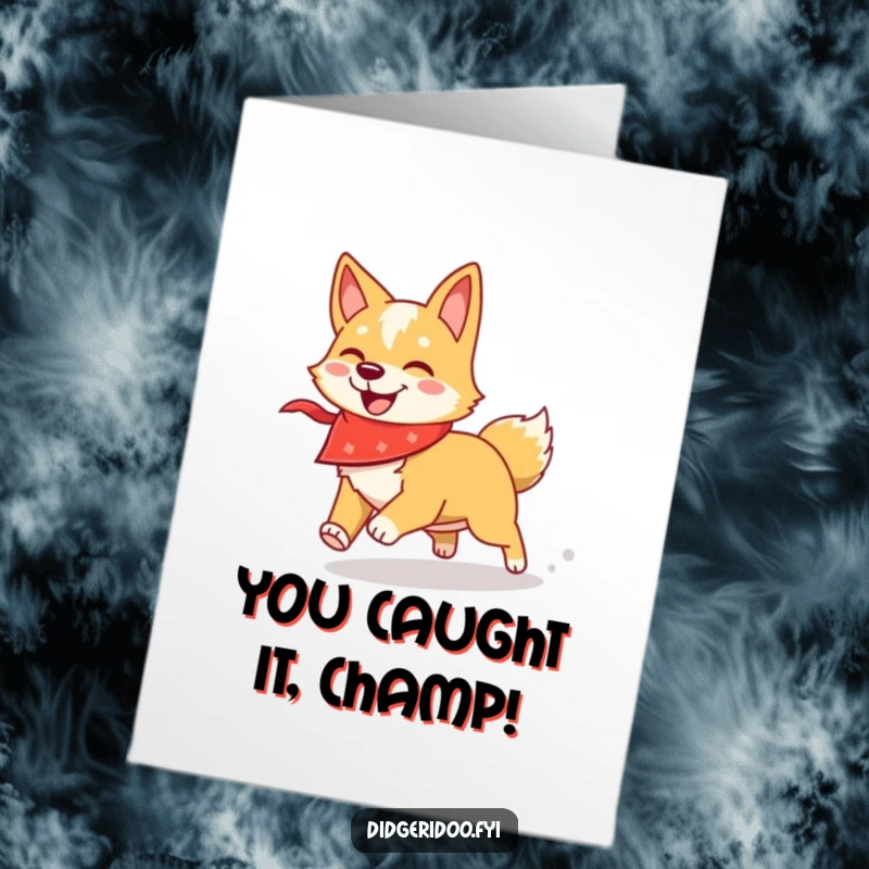 Funny Free Printable Dingo Congratulations Card: Energetic dingo in bandana enthusiastically chases a shadow.