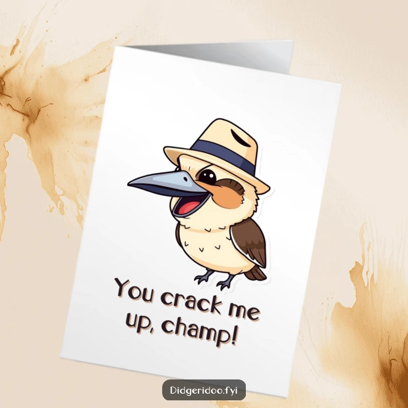 Funny Free Printable congratulations card showing a kookaburra in an Akubra hat, bursting with laughter to celebrate success.