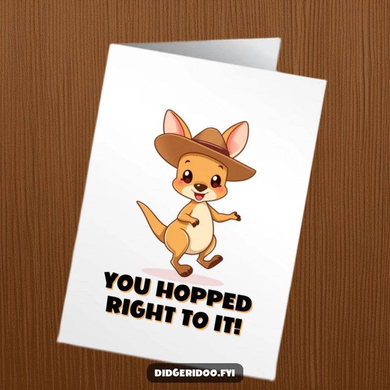 Funny Free Printable Congratulations Card: A cute kangaroo joey in a cowboy hat hops excitedly to celebrate your success.