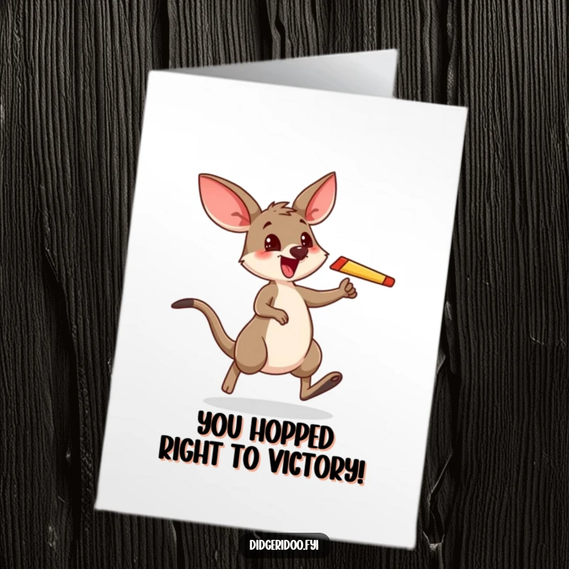 Funny Free Printable Congratulations Card: Happy wallaby with boomerang, hopping with excitement to congratulate someone, printable and downloadable.