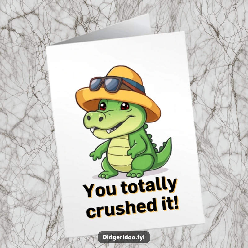 Funny Free Printable Congratulations Card: A crocodile sporting a hip hat and a huge, friendly, toothy grin, a great download.