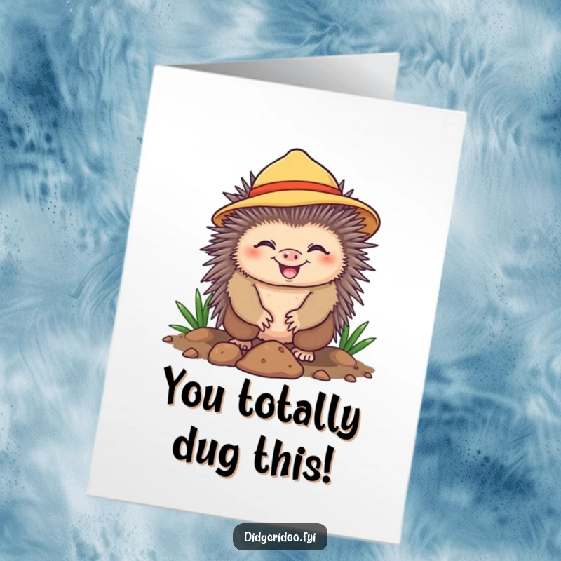 Funny Free Printable Congratulations Card shows a happy echidna wearing a sun hat, digging with a proud grin to celebrate success.