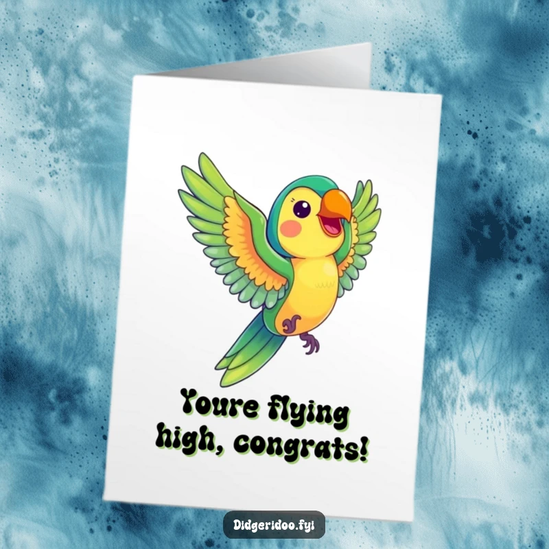 Funny Free Printable Congrats Card: A colorful parrot mid-flight with a wide, happy smile, celebrating wins.