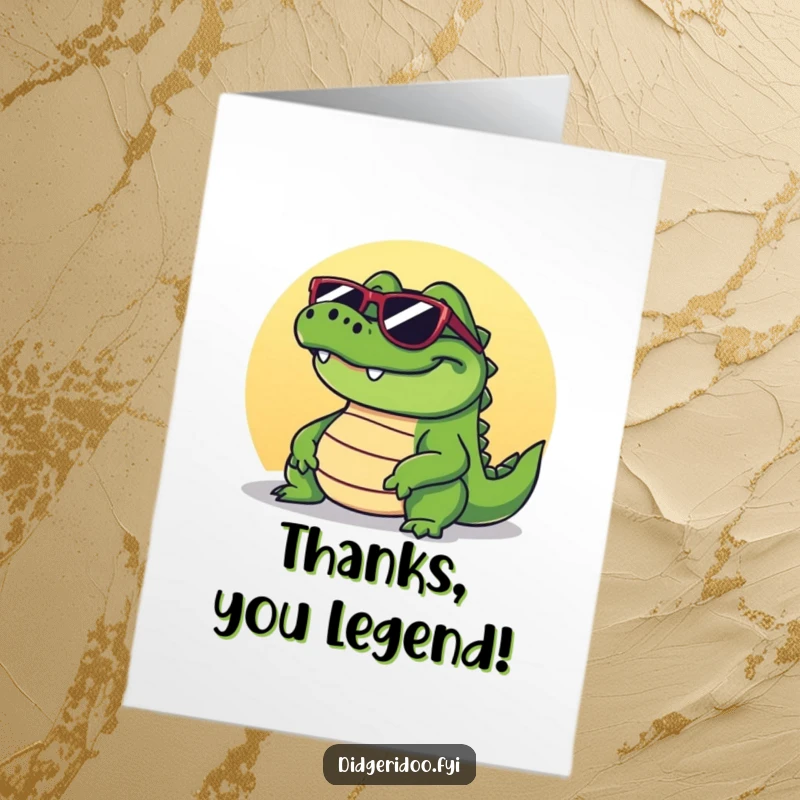 Funny Free Printable Crocodile Thank You Card: Grinning crocodile in sunglasses, basking in the sun with thanks.