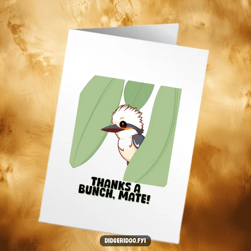 Funny free printable thank you card with a curious kookaburra peeking from behind a eucalyptus leaf, a delightful way to say thanks.