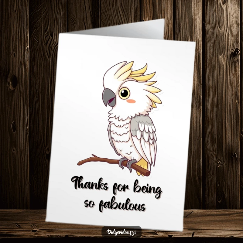 Funny Free Printable Thank You Card featuring a curious cockatoo in a feather boa. Chic and grateful downloadable art.
