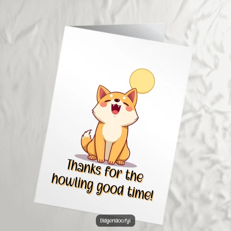 Funny Free Printable Thank You Card: Dingo howling with thanks at a cartoon moon, a unique expression.