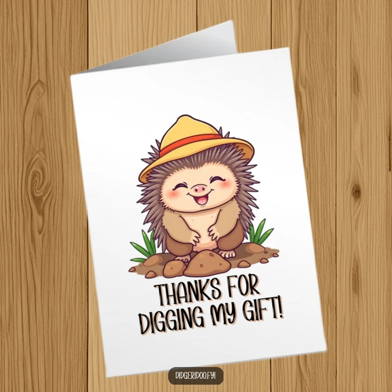 Funny Free Printable Thank You Card depicts a cheerful echidna in a sun hat, digging with a grateful grin to express thanks.