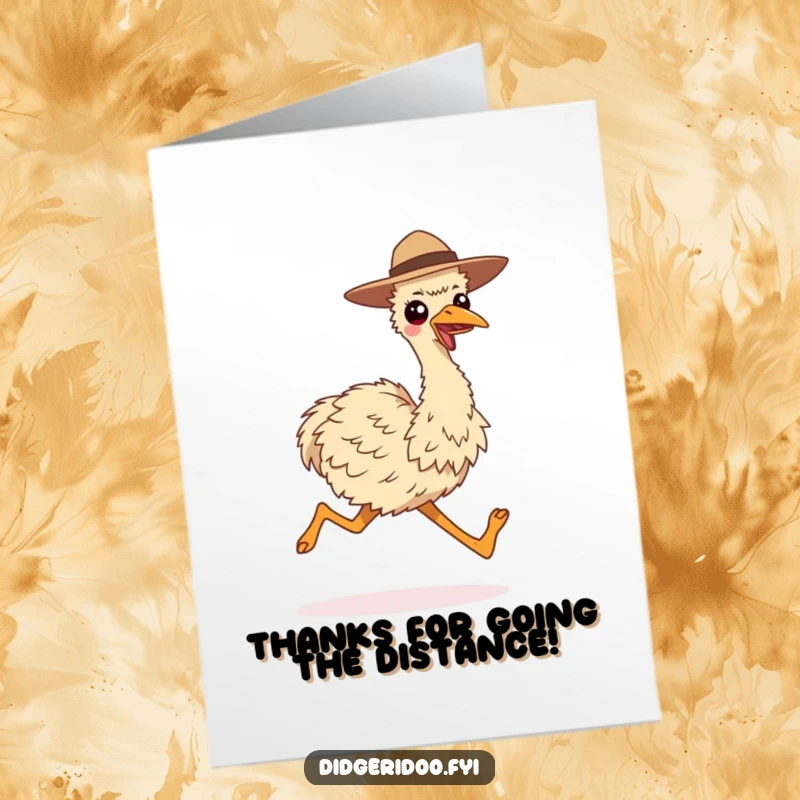 Funny Free Printable Thank You Card: Smiling Emu in Hat Running, Swift & Grateful Downloadable Art