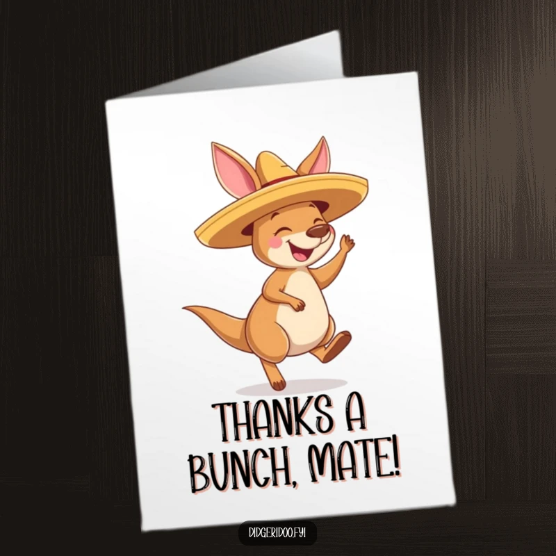 Funny free printable thank you card of a happy kangaroo in a sombrero bouncing joyfully, a delightful way to say thanks.