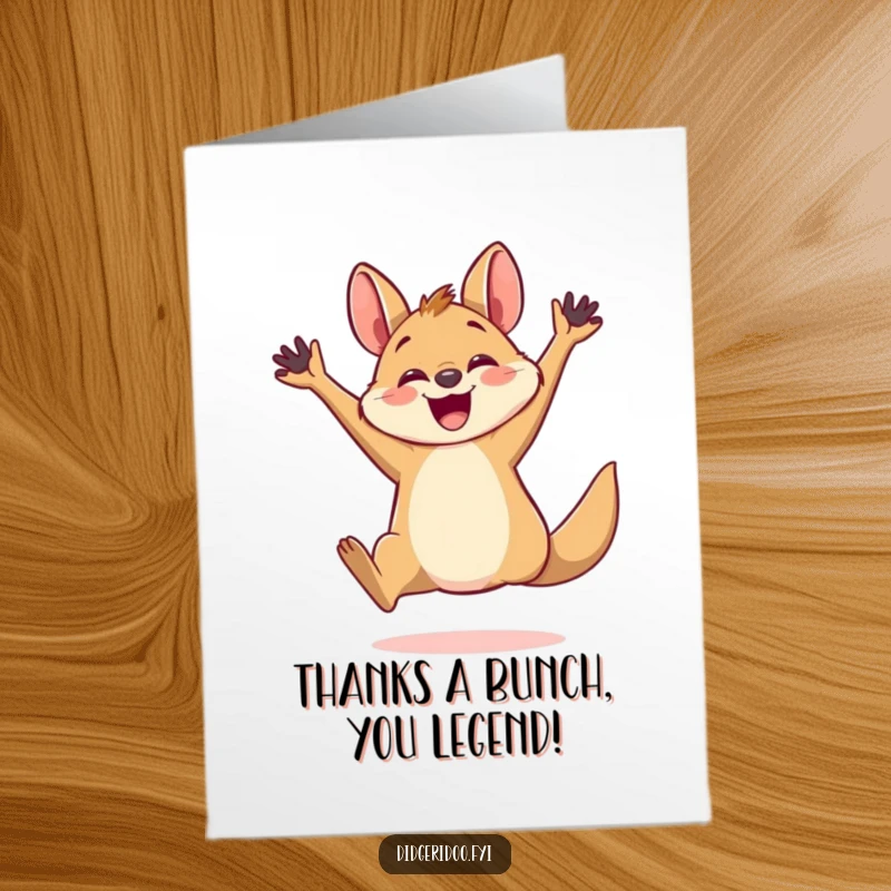 Funny Free Printable Thank You Card: A little wallaby leaping with infectious joy, conveying gratitude.