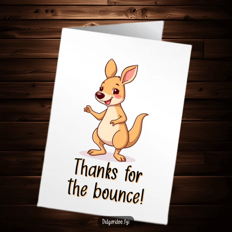 Funny free printable thank you card featuring a smiling kangaroo performing a joyful little jig.