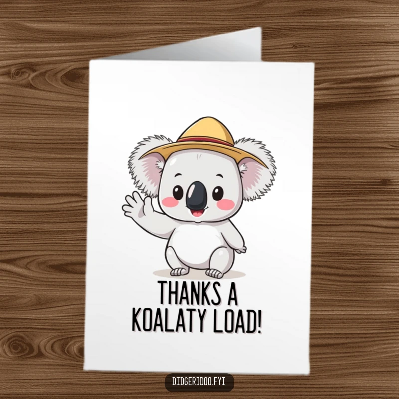 Funny Free Printable Thank You Card: A Koala sporting a tiny Akubra hat, waving cheerfully.