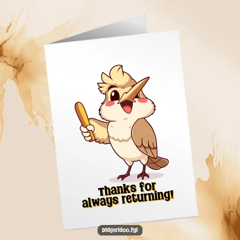 Funny Free Printable Thank You Card showing a delighted kookaburra throwing a boomerang, symbolizing a return of gratitude.