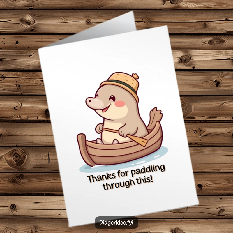 Funny Free Printable Thank You Card: Giggling platypus in a cork hat paddles a miniature boat.