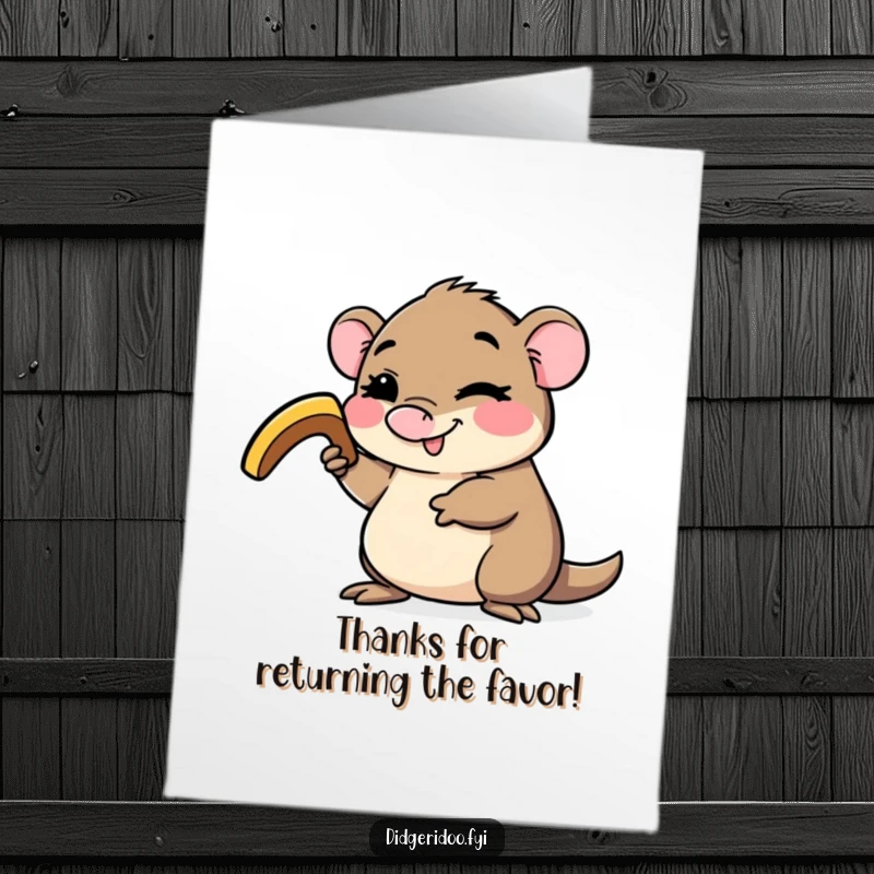 Funny Free Printable Thank You Card of a happy platypus winking while holding a small boomerang, offering thanks with a playful touch.