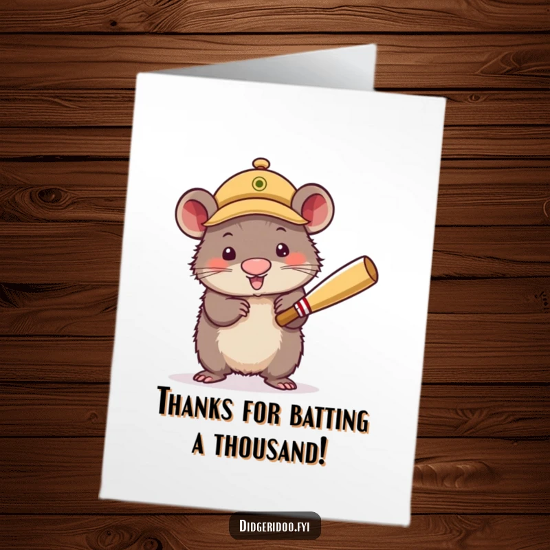 Funny Free Printable Thank You Card capturing a wobbly wombat in a cricket cap energetically batting, expressing thanks with gusto.