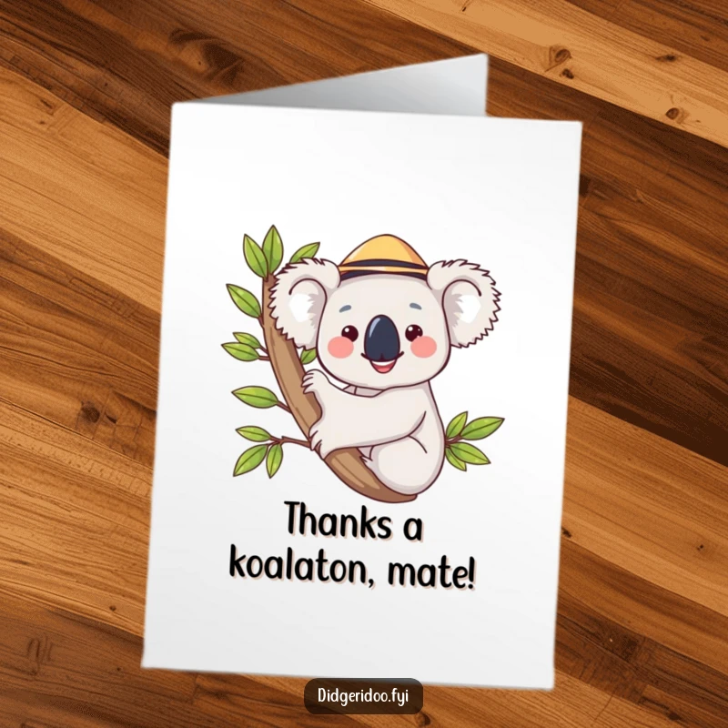 Funny Free Printable Thank You Card: Adorable koala in a hat hugging branches, expressing thanks.