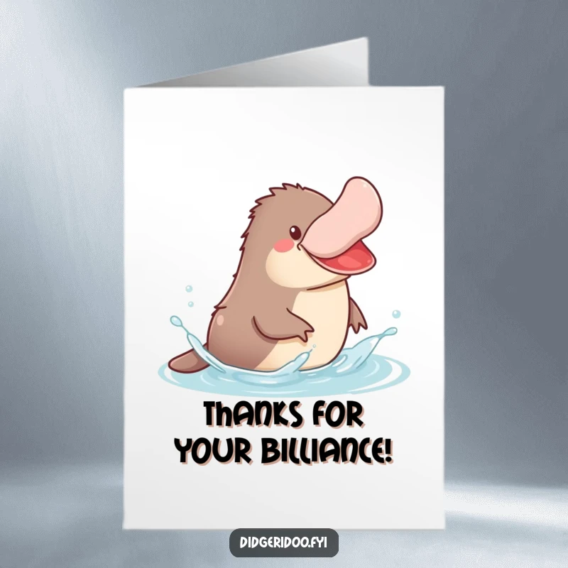 Funny Free Printable Thank You Card of a jovial platypus with its bill turned up, splashing in stylized water.