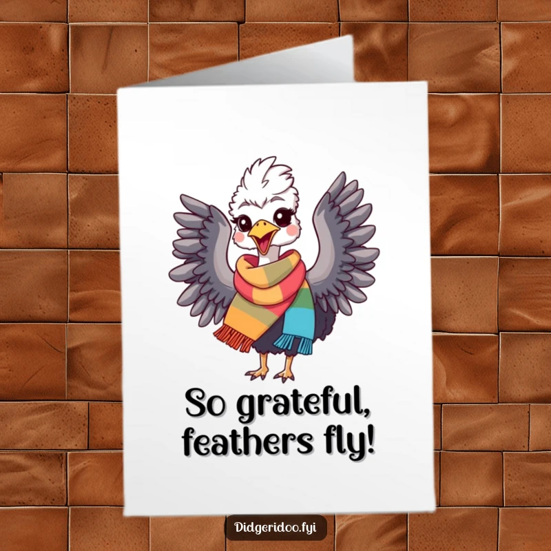 Funny Free Printable Thank You Card: Emu in a vibrant scarf, flapping its wings with immense happiness and gratitude.