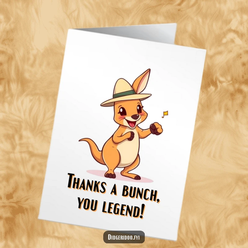 Funny Free Printable Thank You Card with a delighted kangaroo in an Akubra hat boxing playfully, conveying thanks.