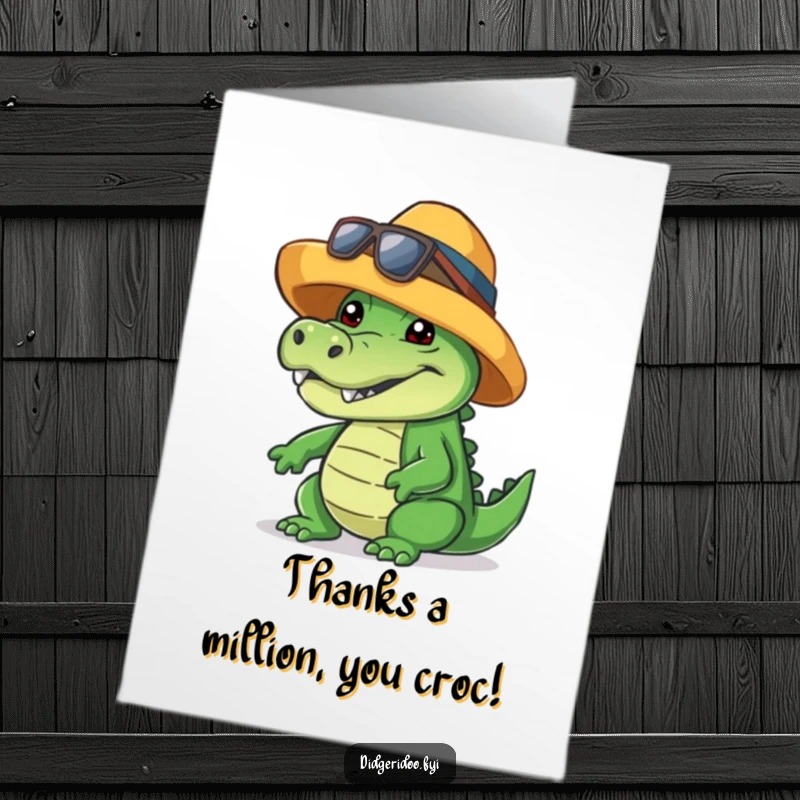 Funny Free Printable Thank You Card: Crocodile rocking a hat and a wide, friendly, toothy grin, a charming download.