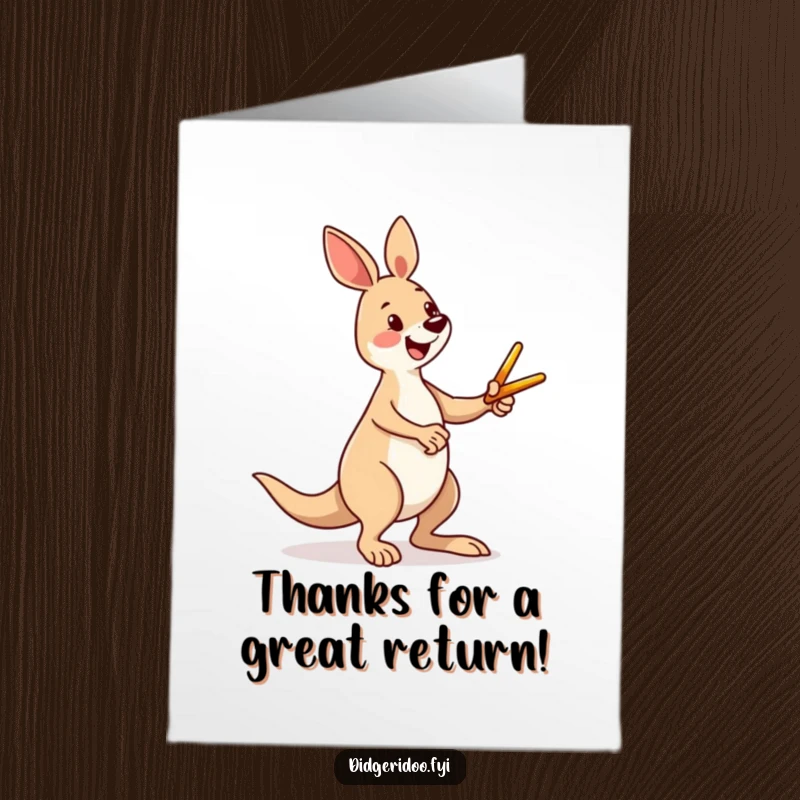Funny Free Printable Thank You Card: a happy kangaroo enthusiastically kicking a boomerang, showing appreciation with a laugh.