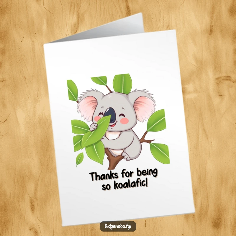Funny Free Printable Thank You Card featuring a smiling koala balancing a eucalyptus leaf on its nose, offering thanks with a smile.