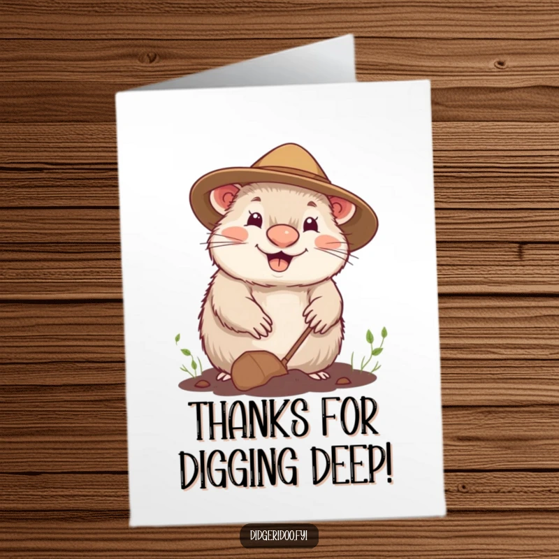 Funny Free Printable Thank You Card: Cheerful Wombat Digging Happily, Grateful & Humorous Downloadable Art