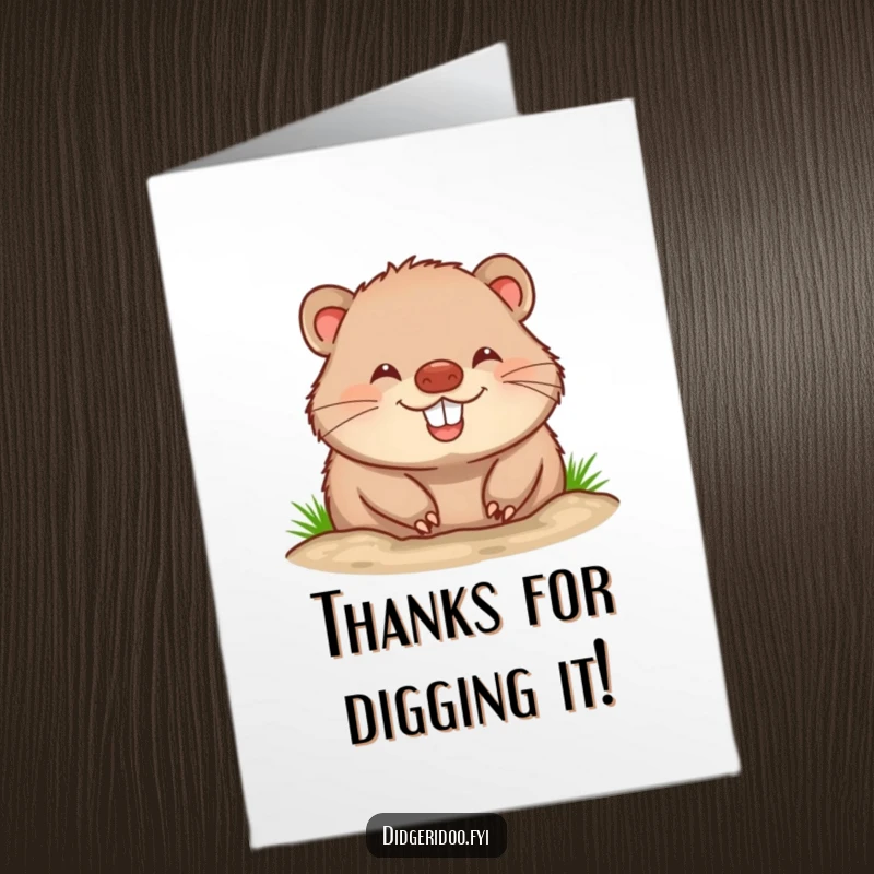 Funny Free Printable Wombat Thank You Card: Cheerful wombat with a big grin, offering heartfelt thanks.
