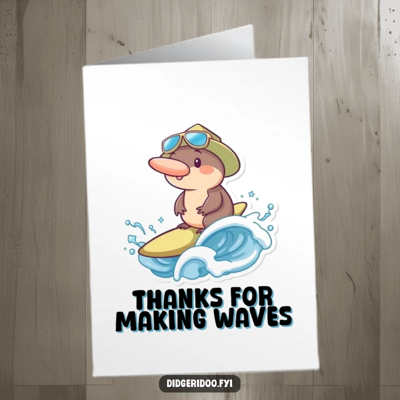 Funny Free Printable thank you card depicting a stoked platypus surfer giving a thumbs up after riding a wave.