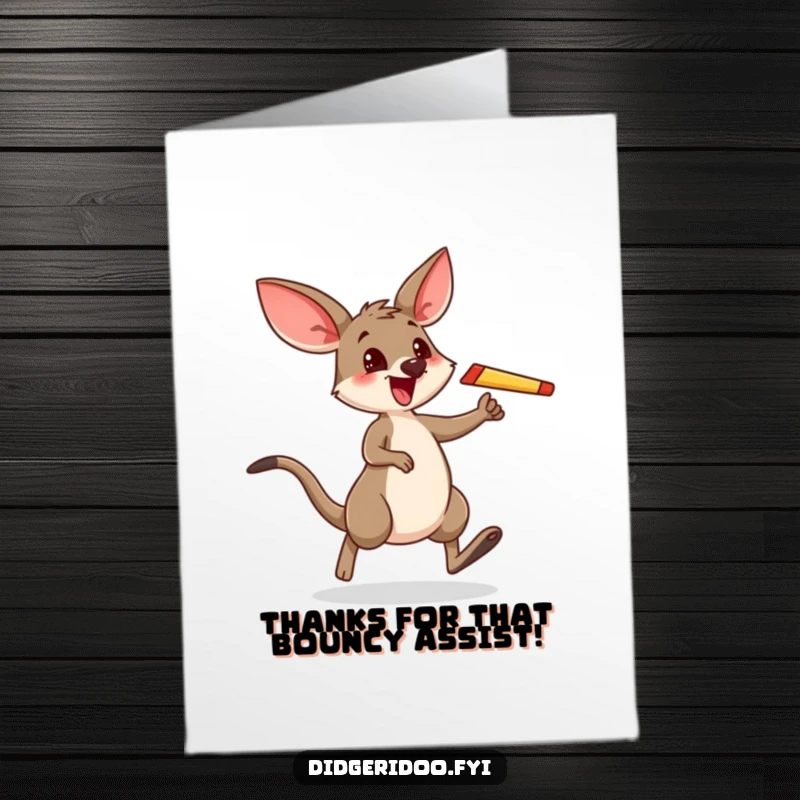 Funny Free Printable Thank You Card: Excited wallaby holding a boomerang, hopping to express thanks, printable and downloadable gratitude.