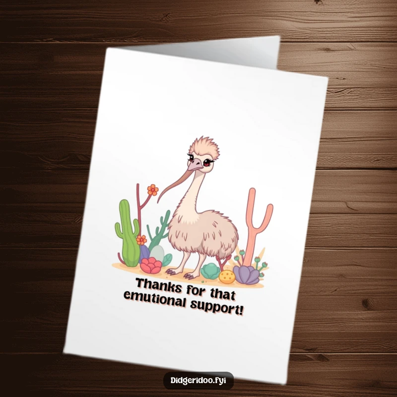 Funny Free Printable Thank You Card of a curious emu with long neck weaving through stylized desert flora.