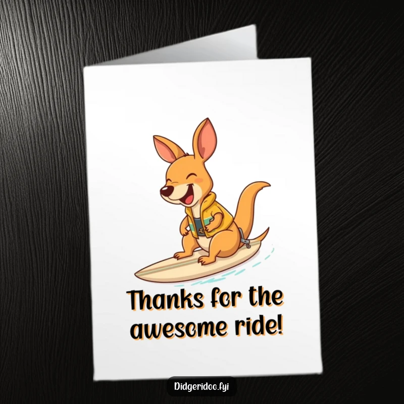 Funny Free Printable Thank You Card of a laughing kangaroo in a surf vest riding a surfboard.