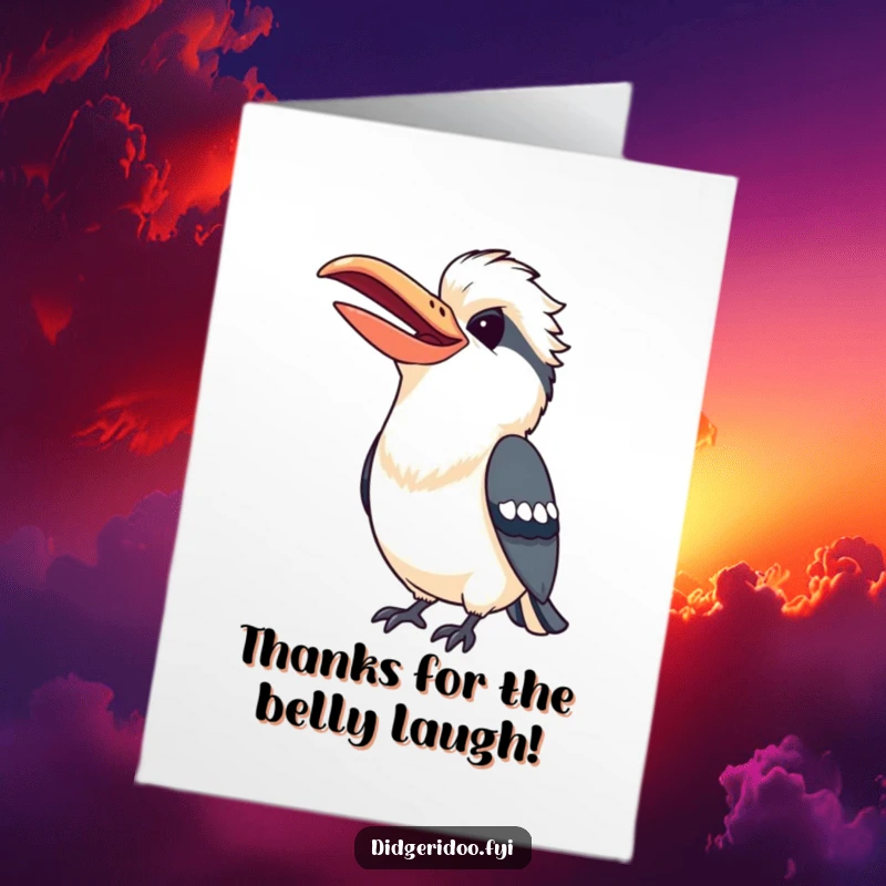 Funny Free Printable Thank You Card of a playful kookaburra caught mid-laugh with a wide, cheerful beak.