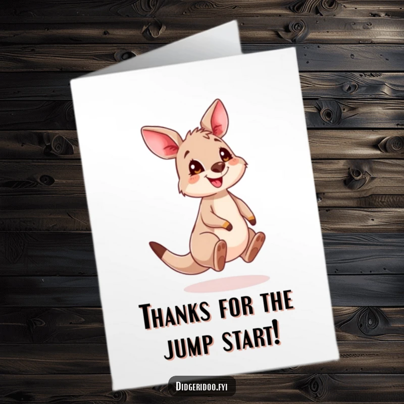 Funny Free Printable Thank You Card featuring a cute kangaroo cub with a playful grin bouncing enthusiastically.